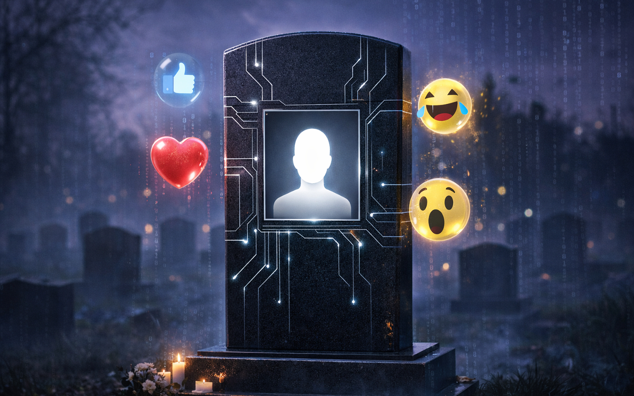 Ψηφιακή ταφόπλακα με avatar Facebook και reactions γύρω της
